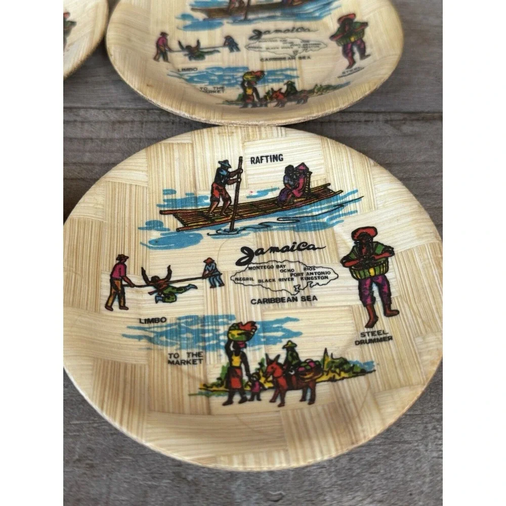 Set Of 6 Bamboo WOODEN‎ DRINK COASTERS - JAMAICA Vintage Jamaican Decor